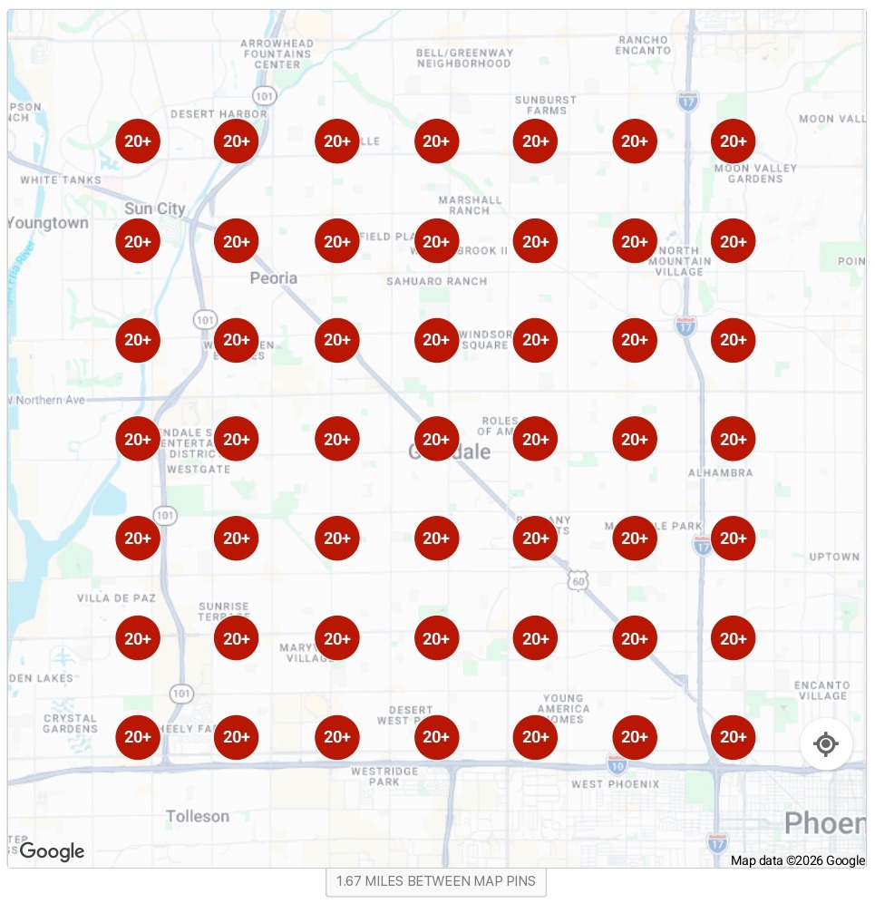 Local Falcon grid across Glendale: outside the top 20 at every point.