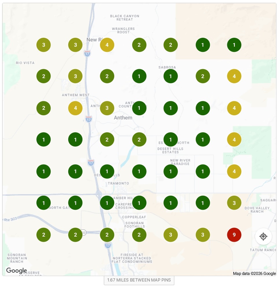 Local Falcon grid around the business address: nearly every point ranks 1 to 3.