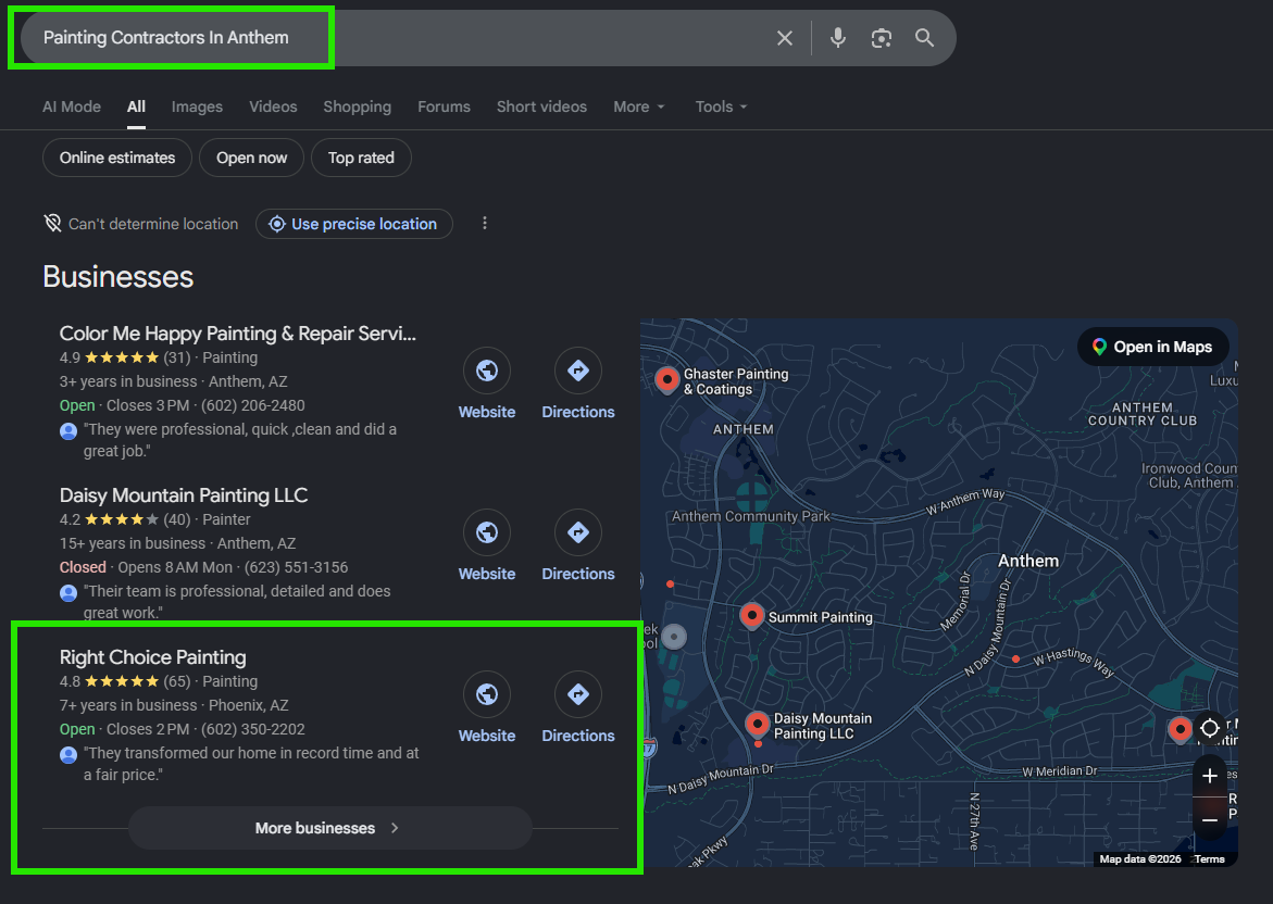 Google search for Painting Contractors In Anthem showing the map pack, with Right Choice Painting listed.